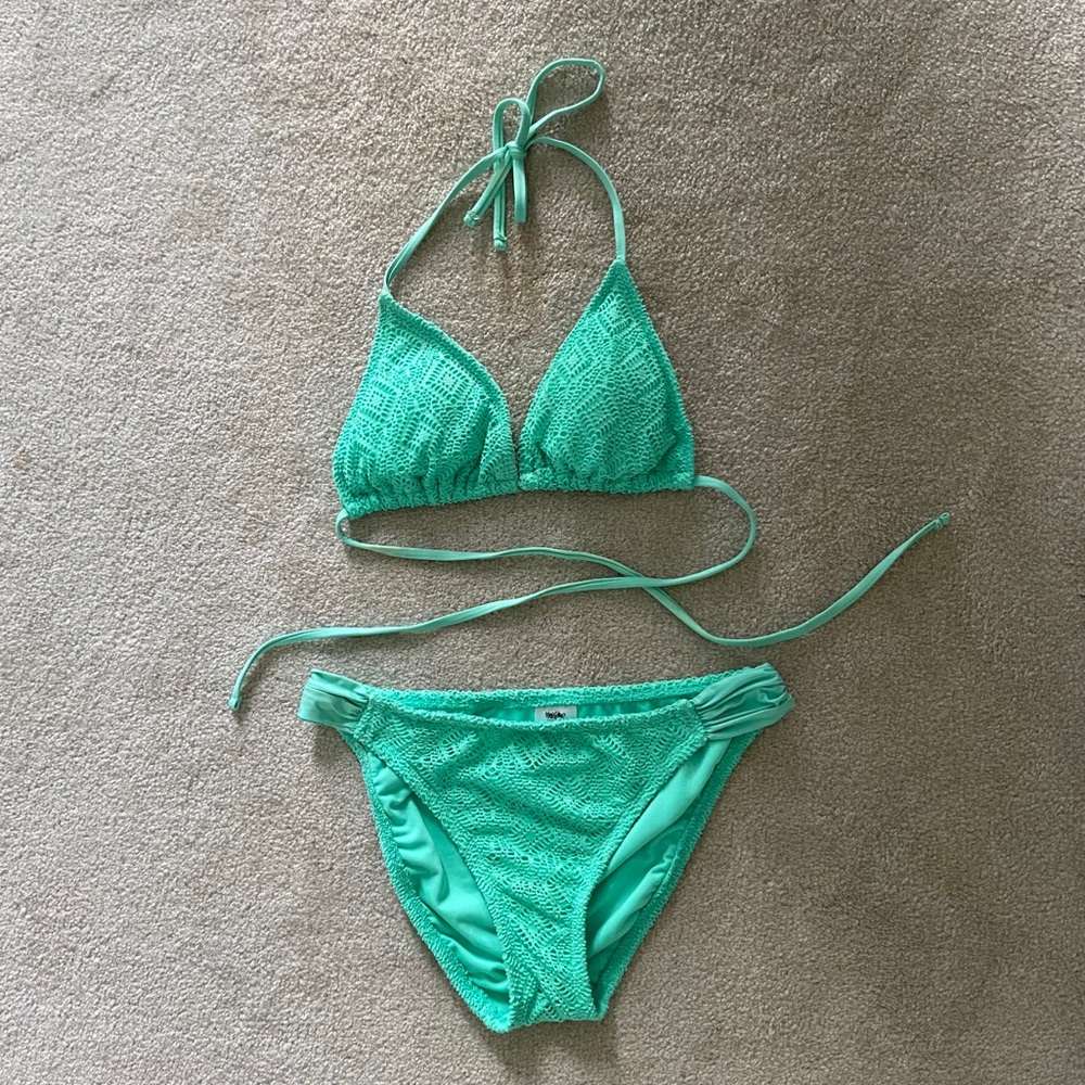 Bright turquoise lace triangle string bikini